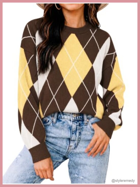 Sweaters - Women's Argyle Knit Pullover Sweater Long Sleeve Crewneck Loose Fit Top